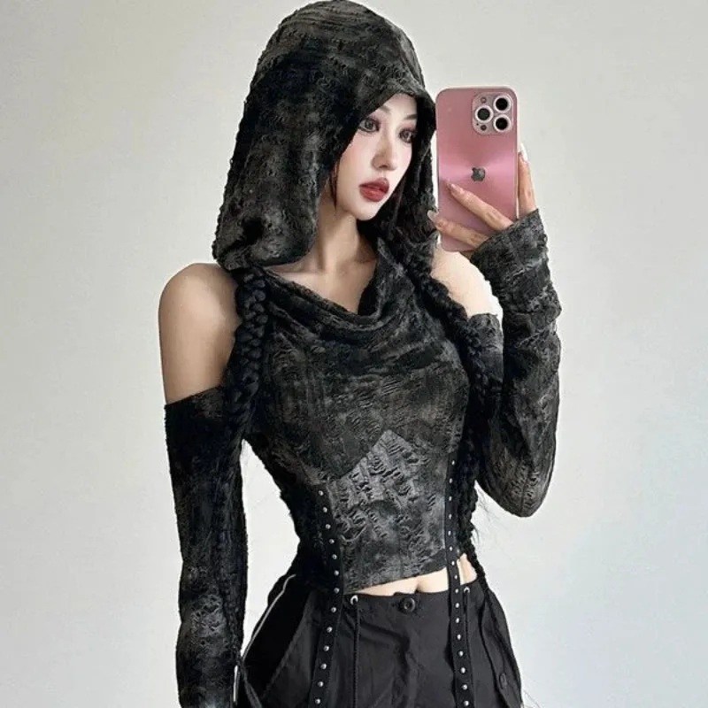 Black Grunge Goth Hooded Distressed Crop Top