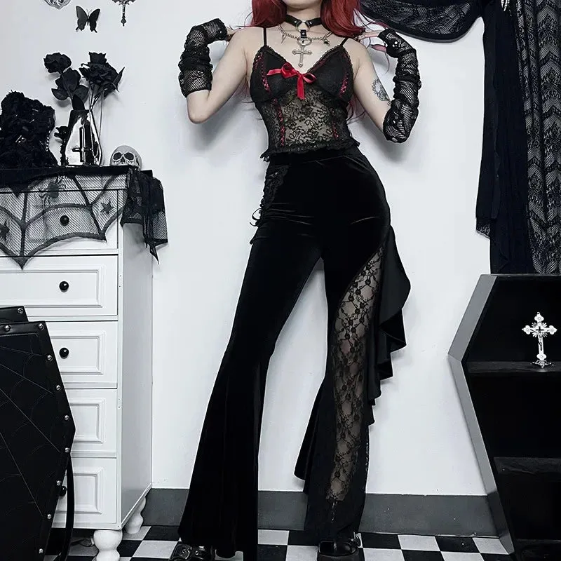 Black Halloween Flared Lace Mesh Pants