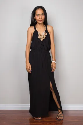 Black Halter dress with split