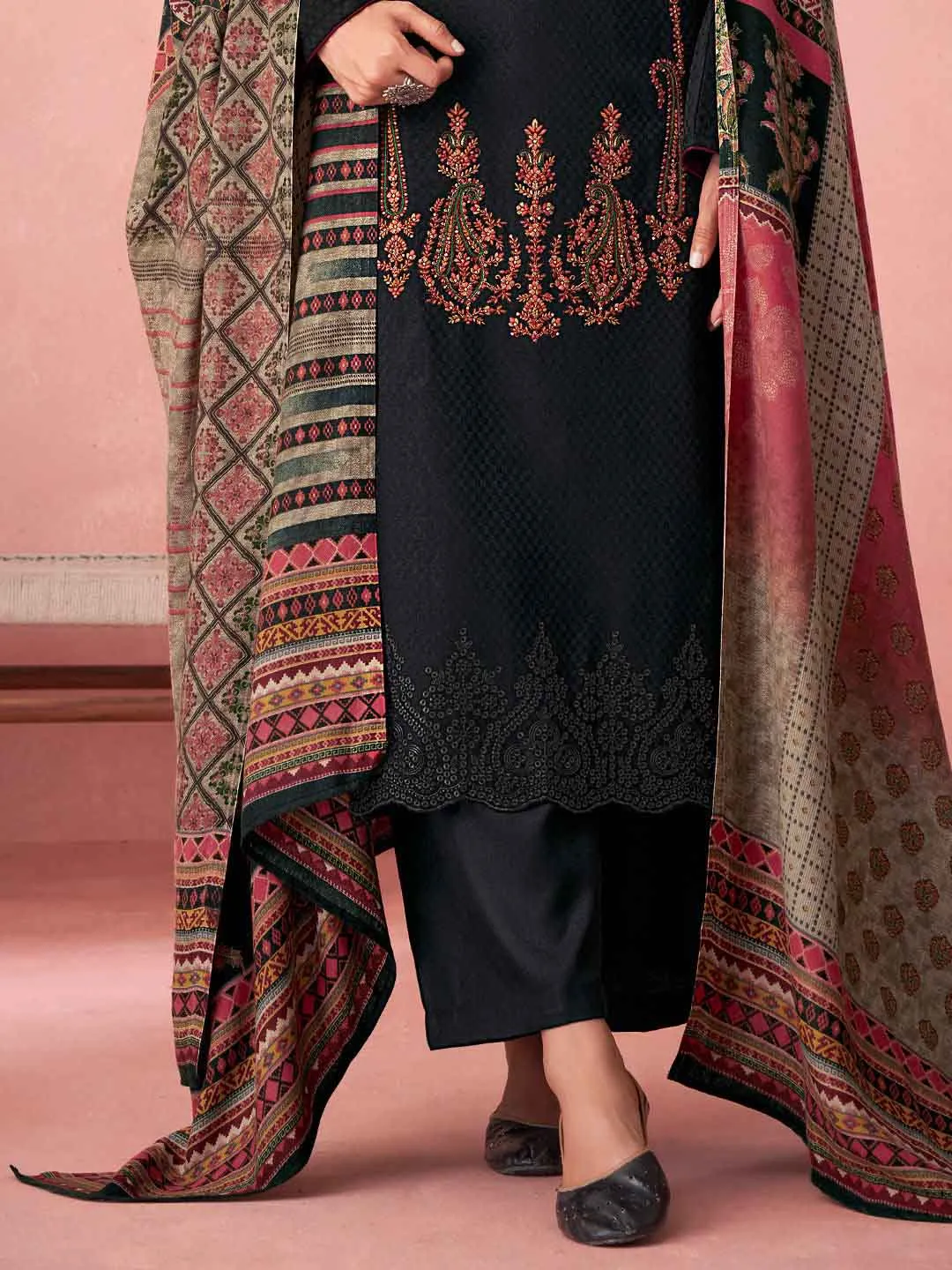 Black Pashmina Twill Embroidered Unstitched Winter Suit Set