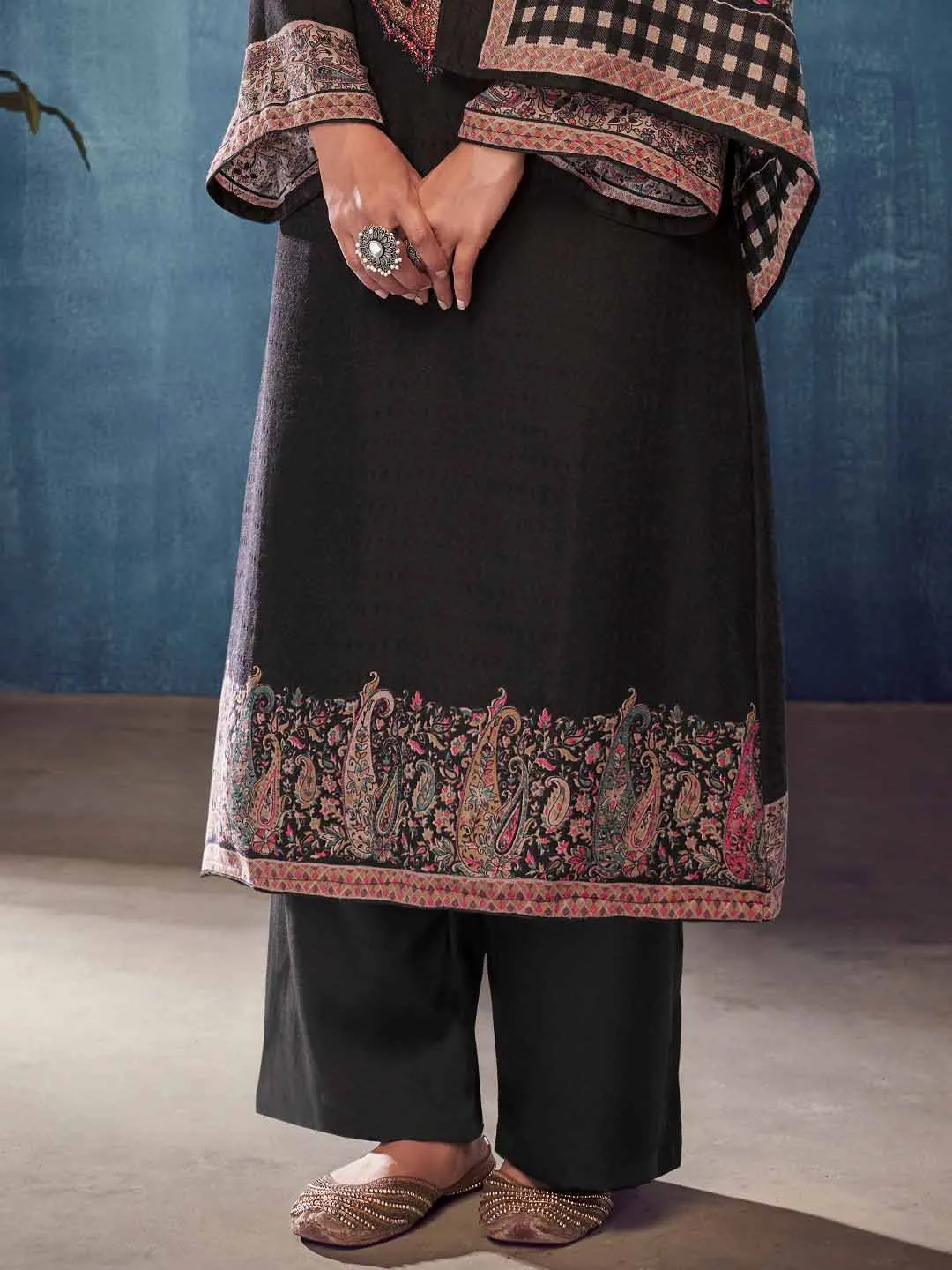 Black Pashmina Twill Embroidered Unstitched Winter Suits for Women