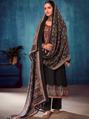 Black Pashmina Twill Embroidered Unstitched Winter Suits for Women