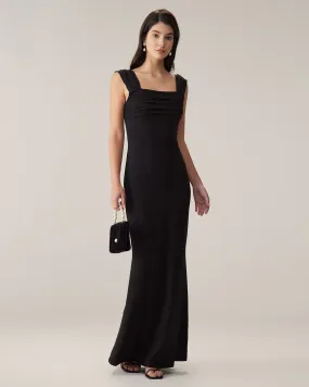 Black Ruched Trumpet Slip Maxi Dress