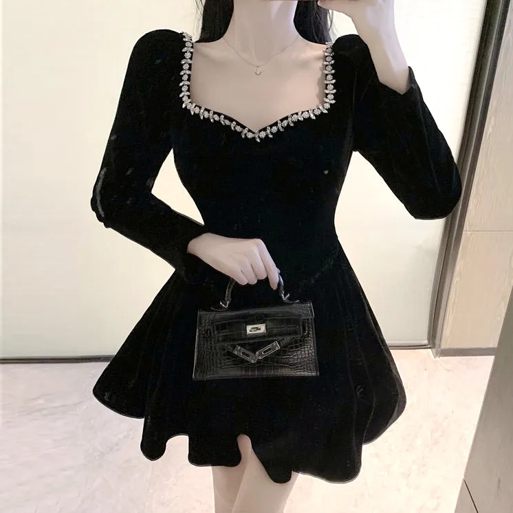 Black Square Neck Beaded A-Line Puff Dress