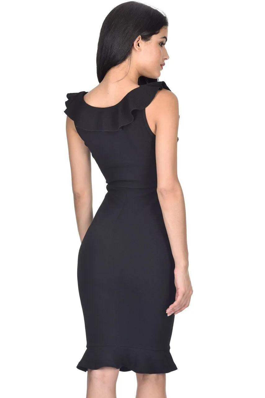 Black V Neck Frill Detail Bodycon Dress