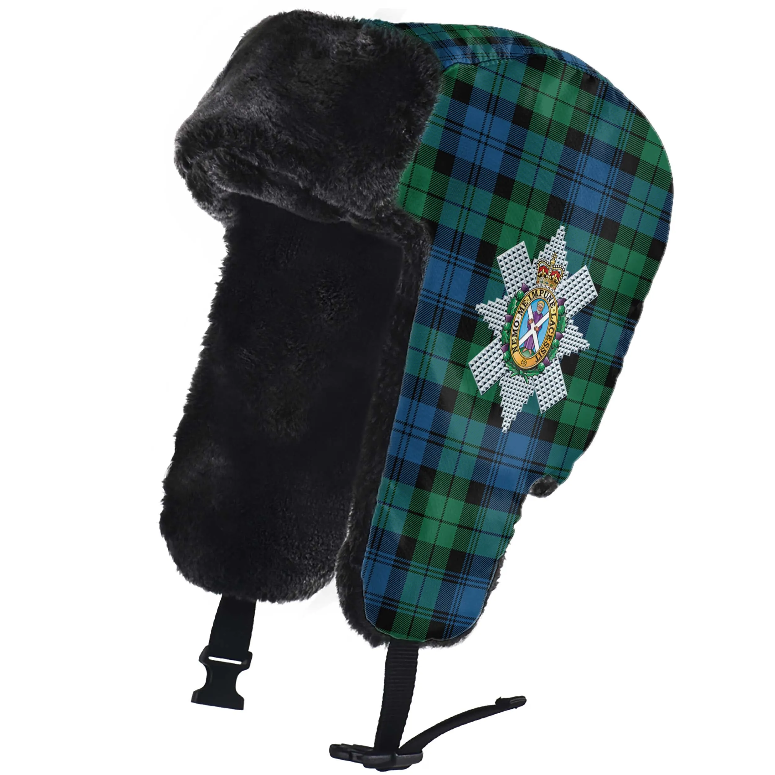 Black Watch Ancient Tartan Winter Trapper Hat with Family Crest