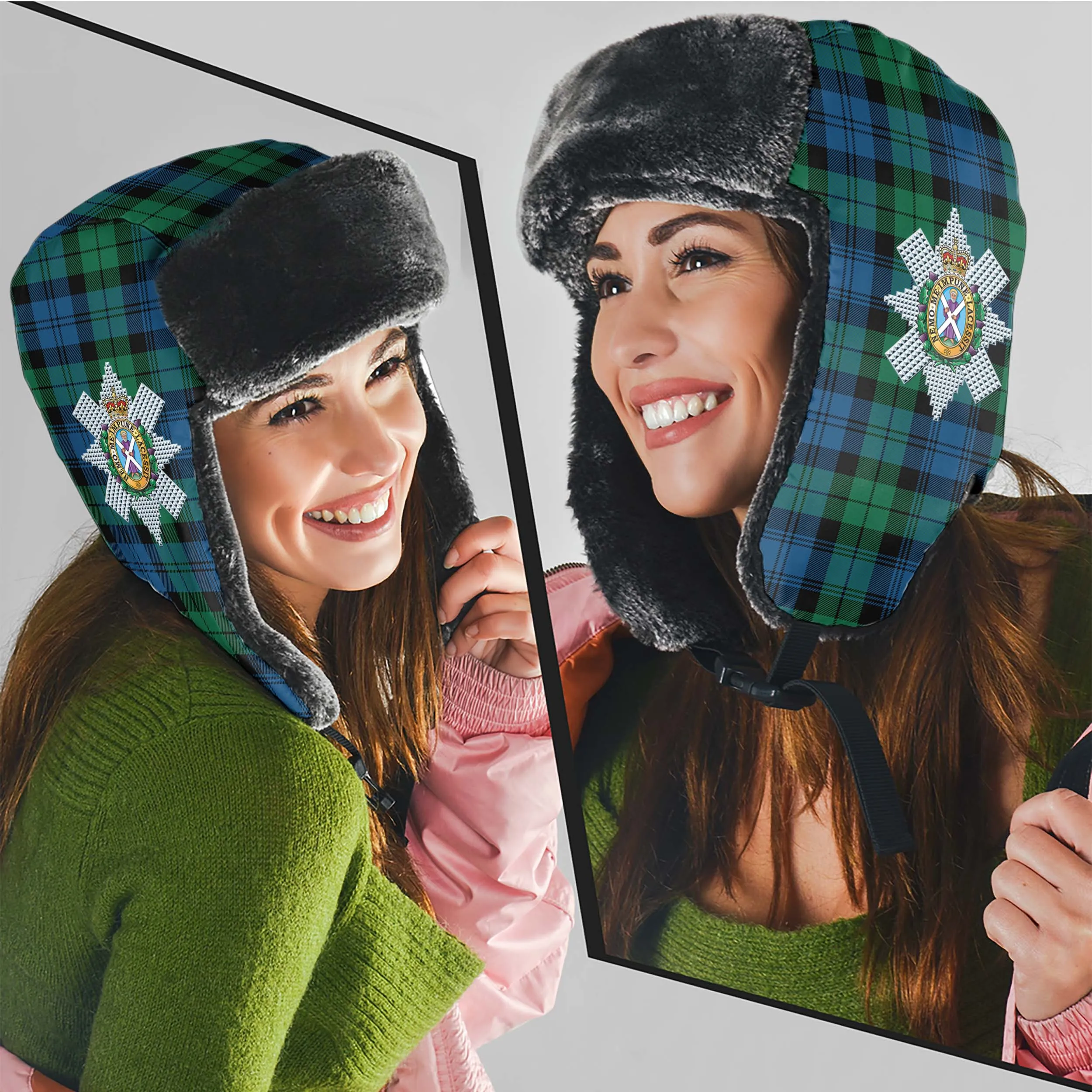 Black Watch Ancient Tartan Winter Trapper Hat with Family Crest