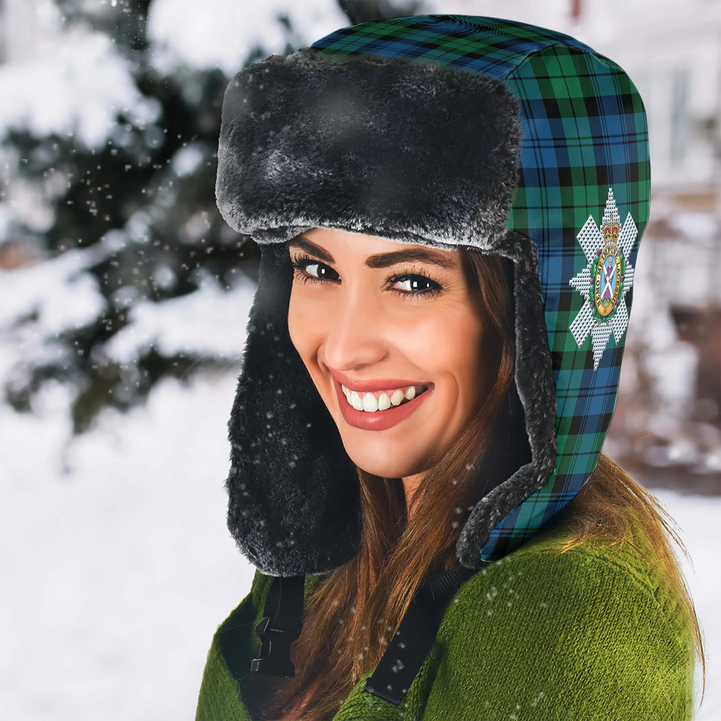 Black Watch Ancient Tartan Winter Trapper Hat with Family Crest