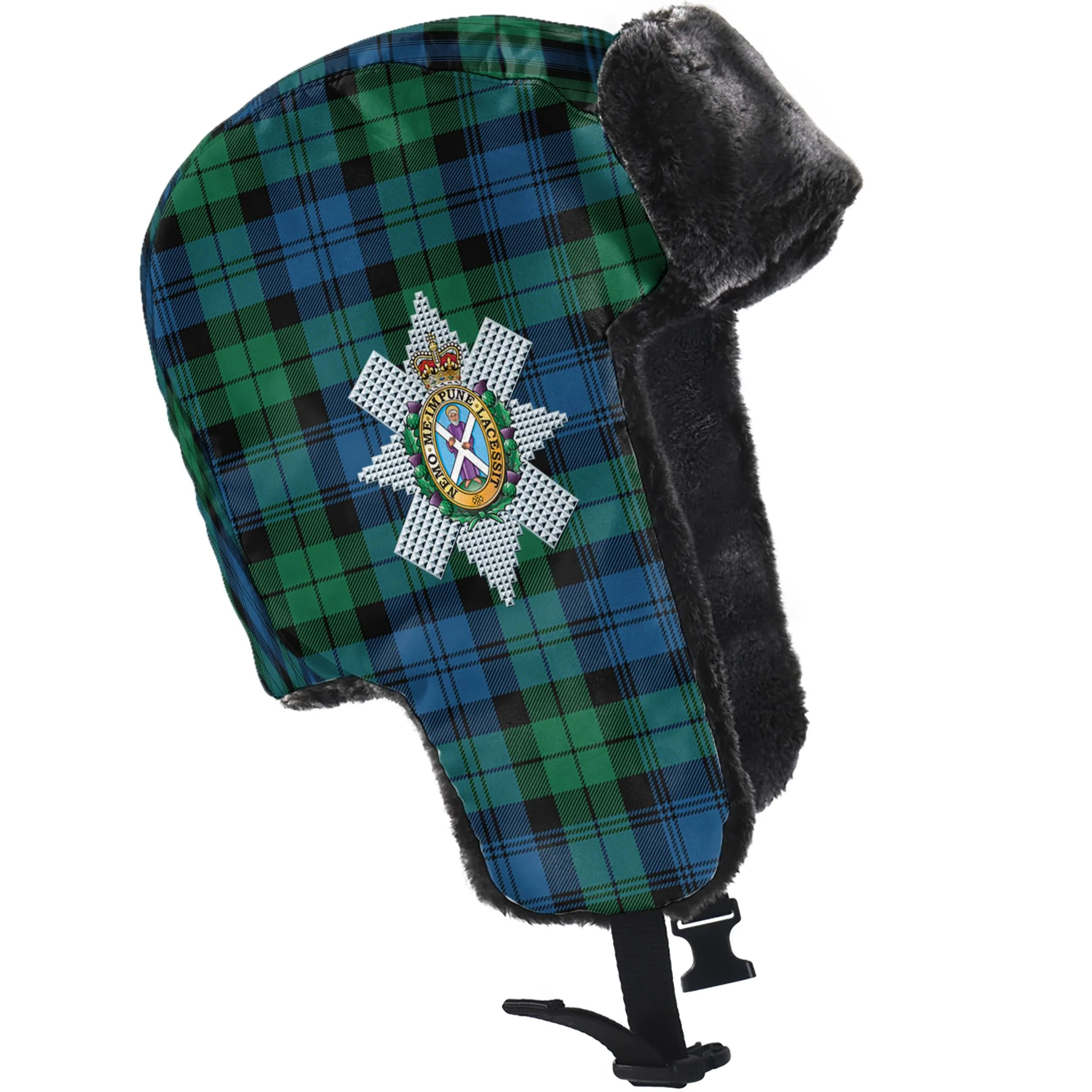 Black Watch Ancient Tartan Winter Trapper Hat with Family Crest