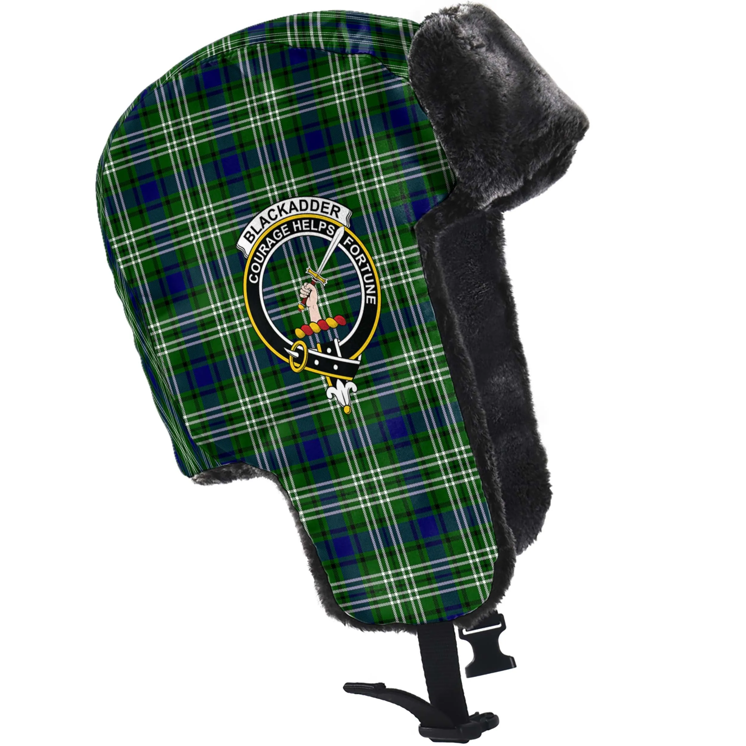 Blackadder Tartan Winter Trapper Hat with Family Crest