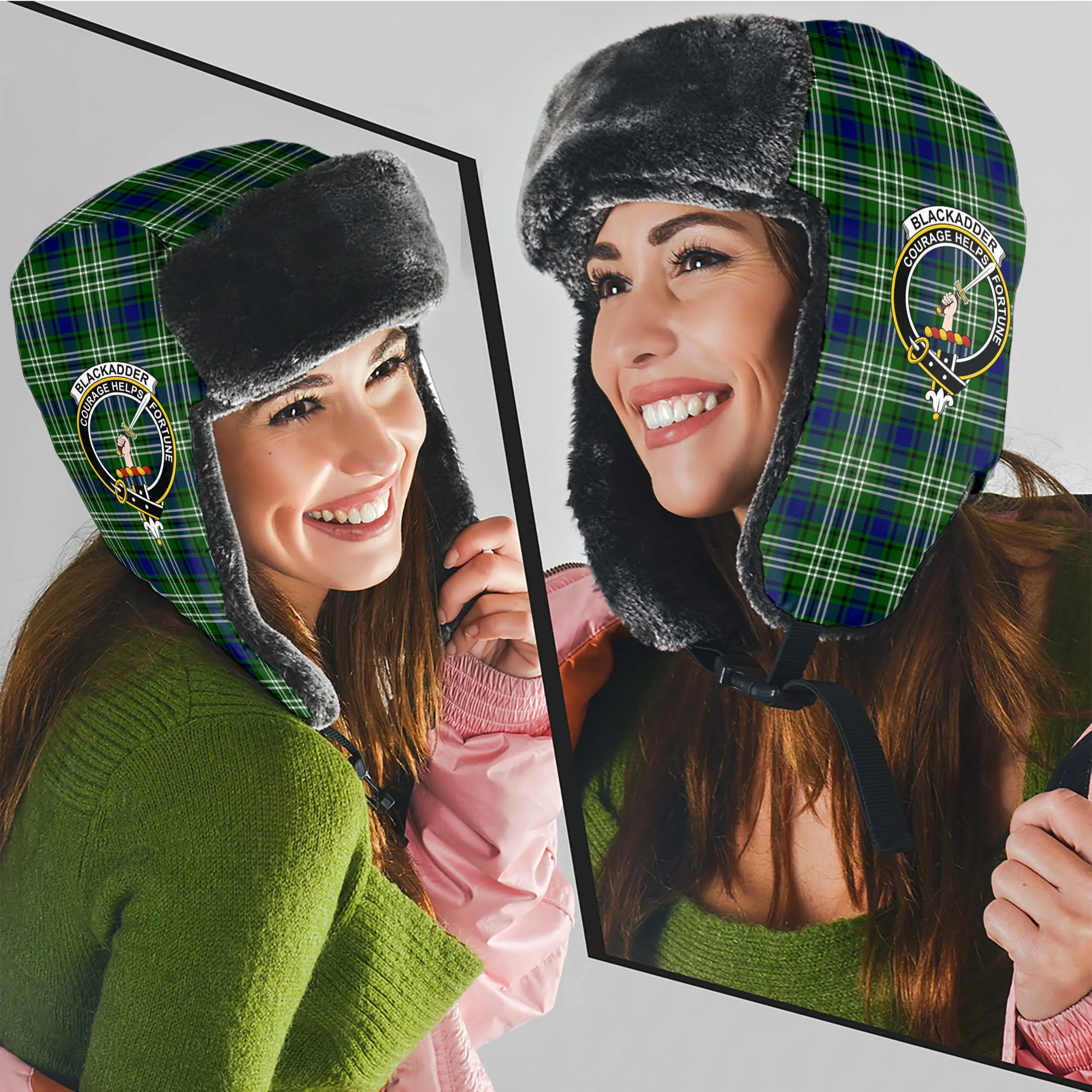 Blackadder Tartan Winter Trapper Hat with Family Crest