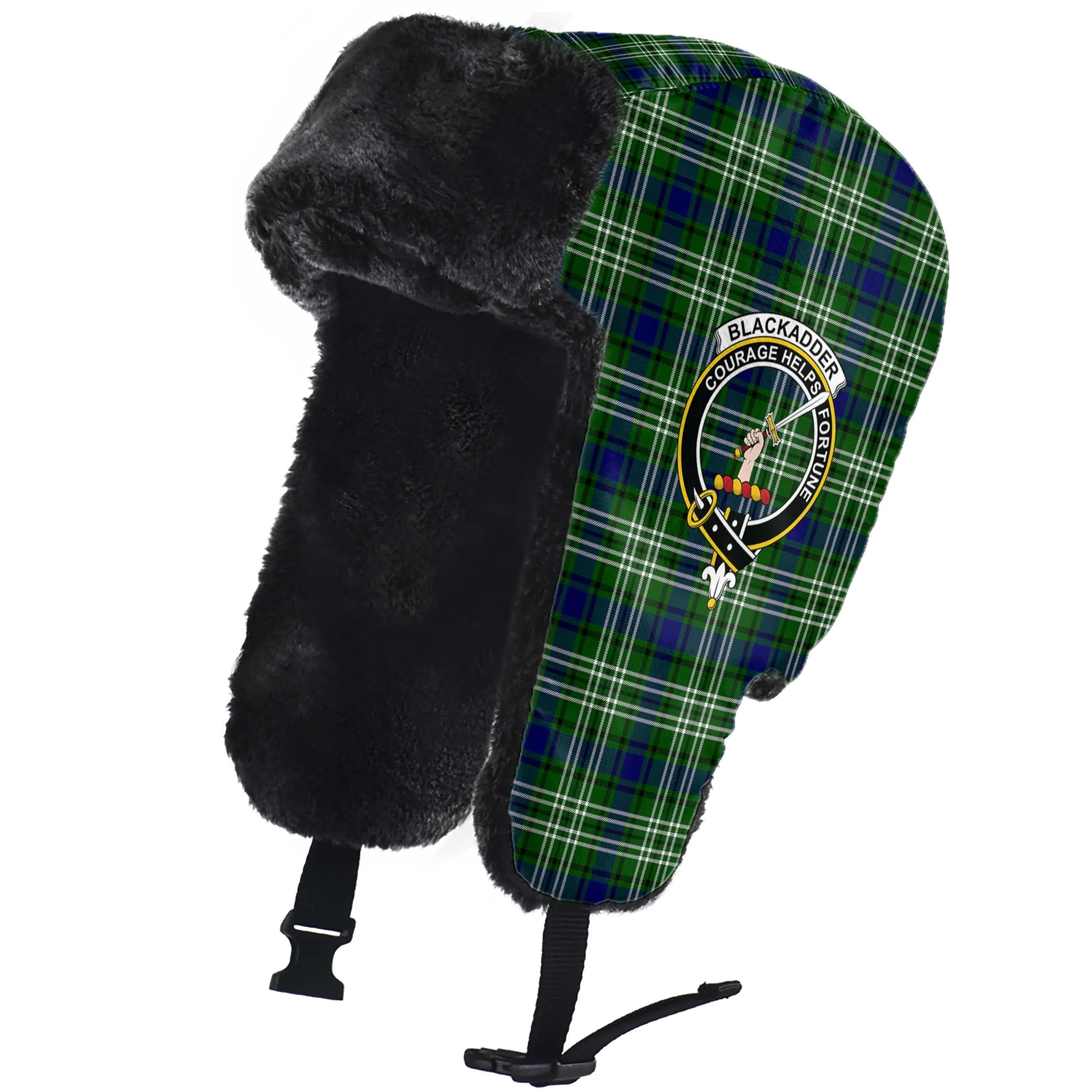 Blackadder Tartan Winter Trapper Hat with Family Crest