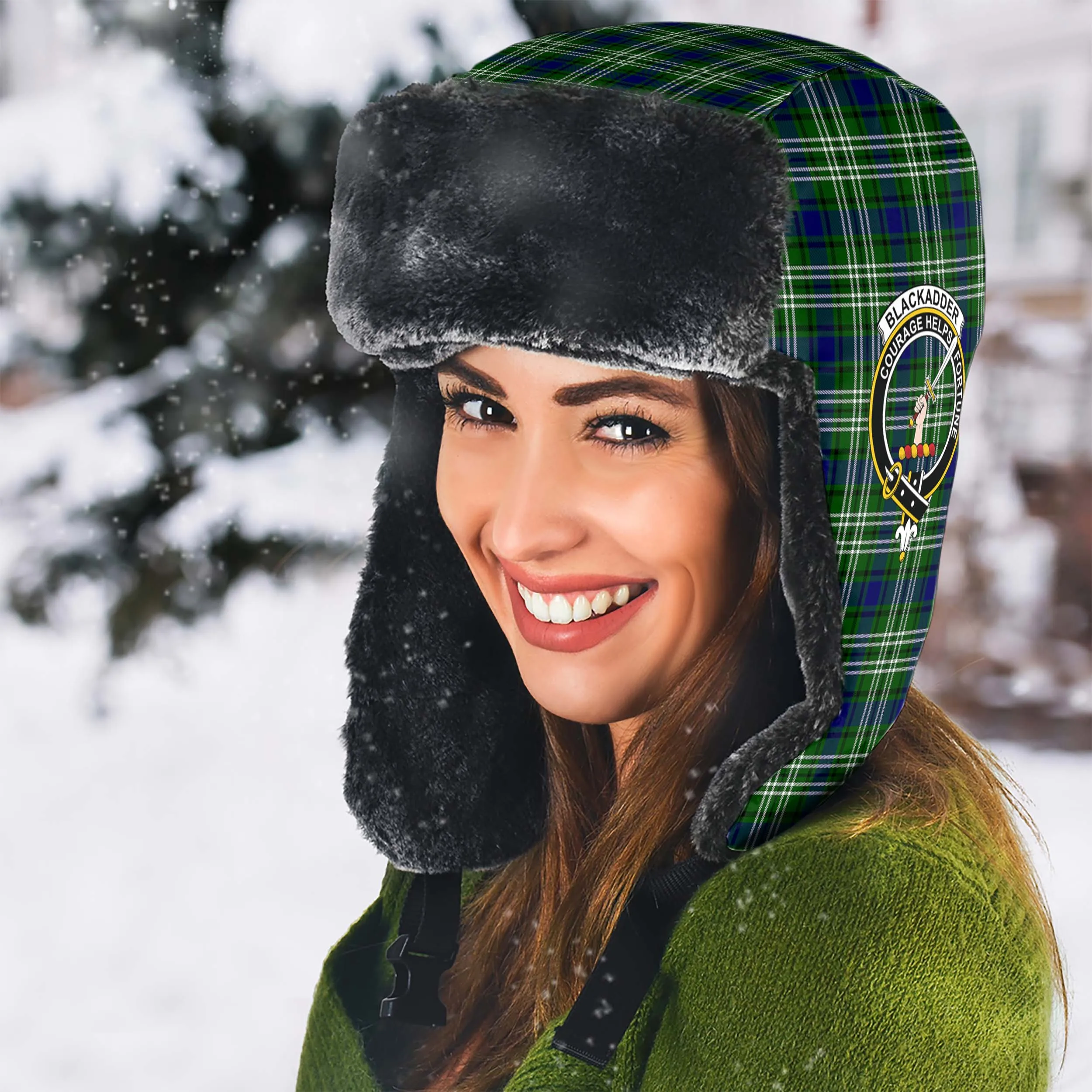 Blackadder Tartan Winter Trapper Hat with Family Crest