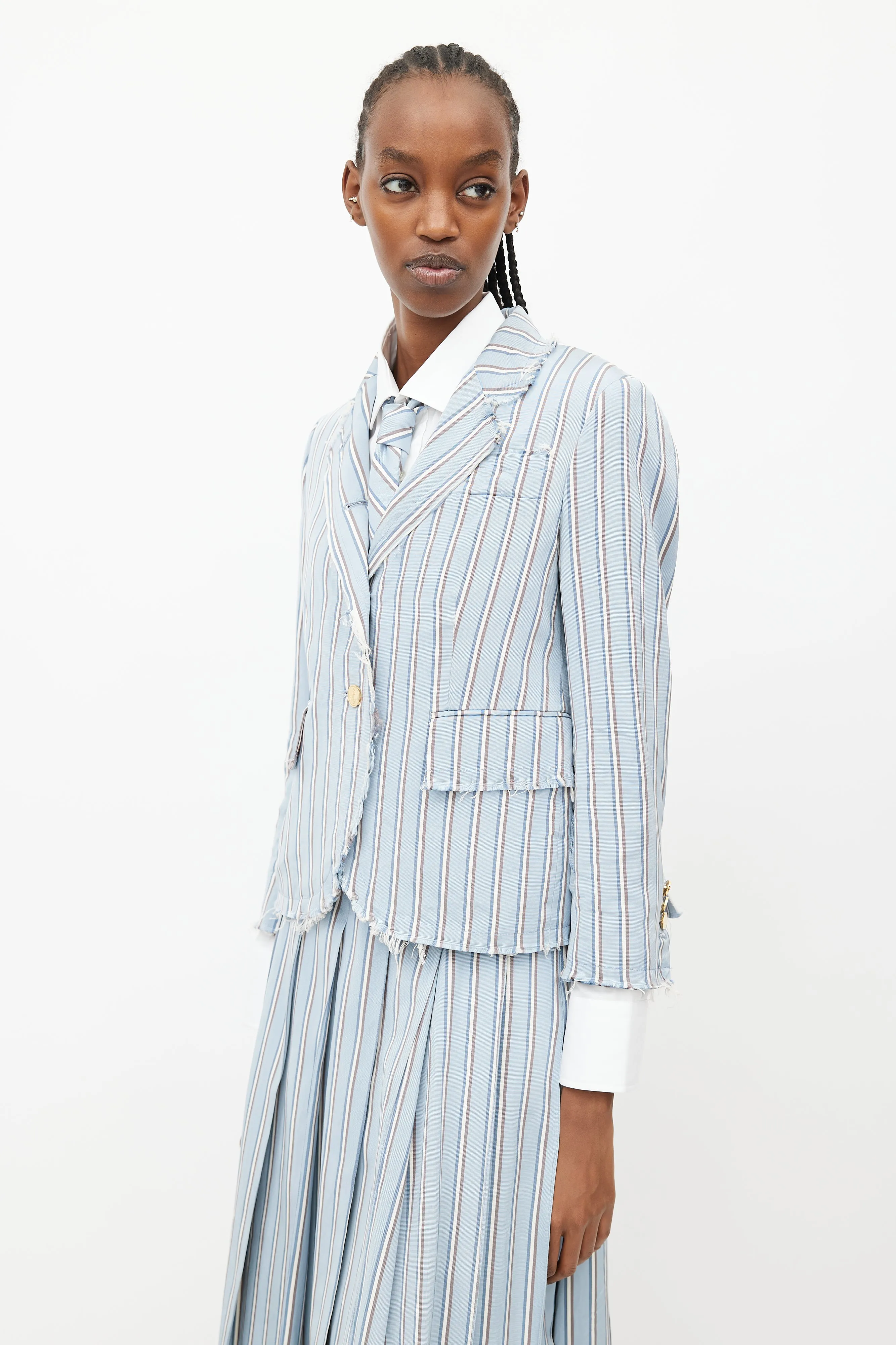 Blue & White Stripes Tie Skirt Suit