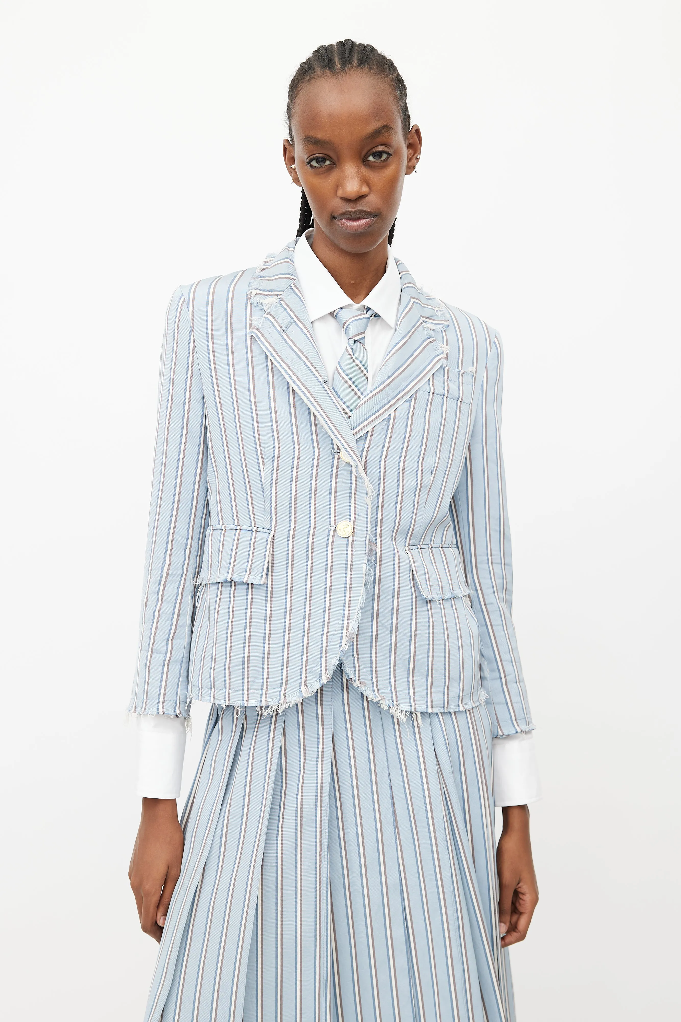 Blue & White Stripes Tie Skirt Suit