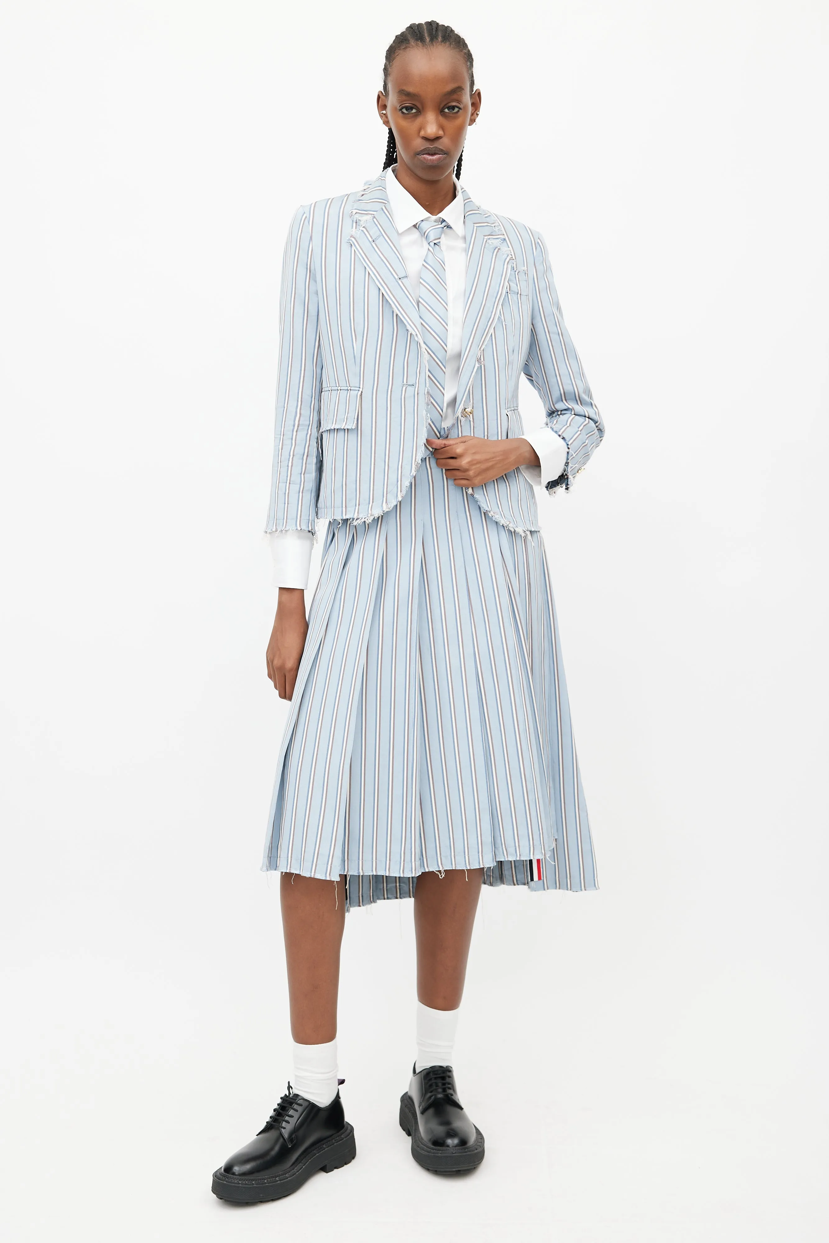 Blue & White Stripes Tie Skirt Suit