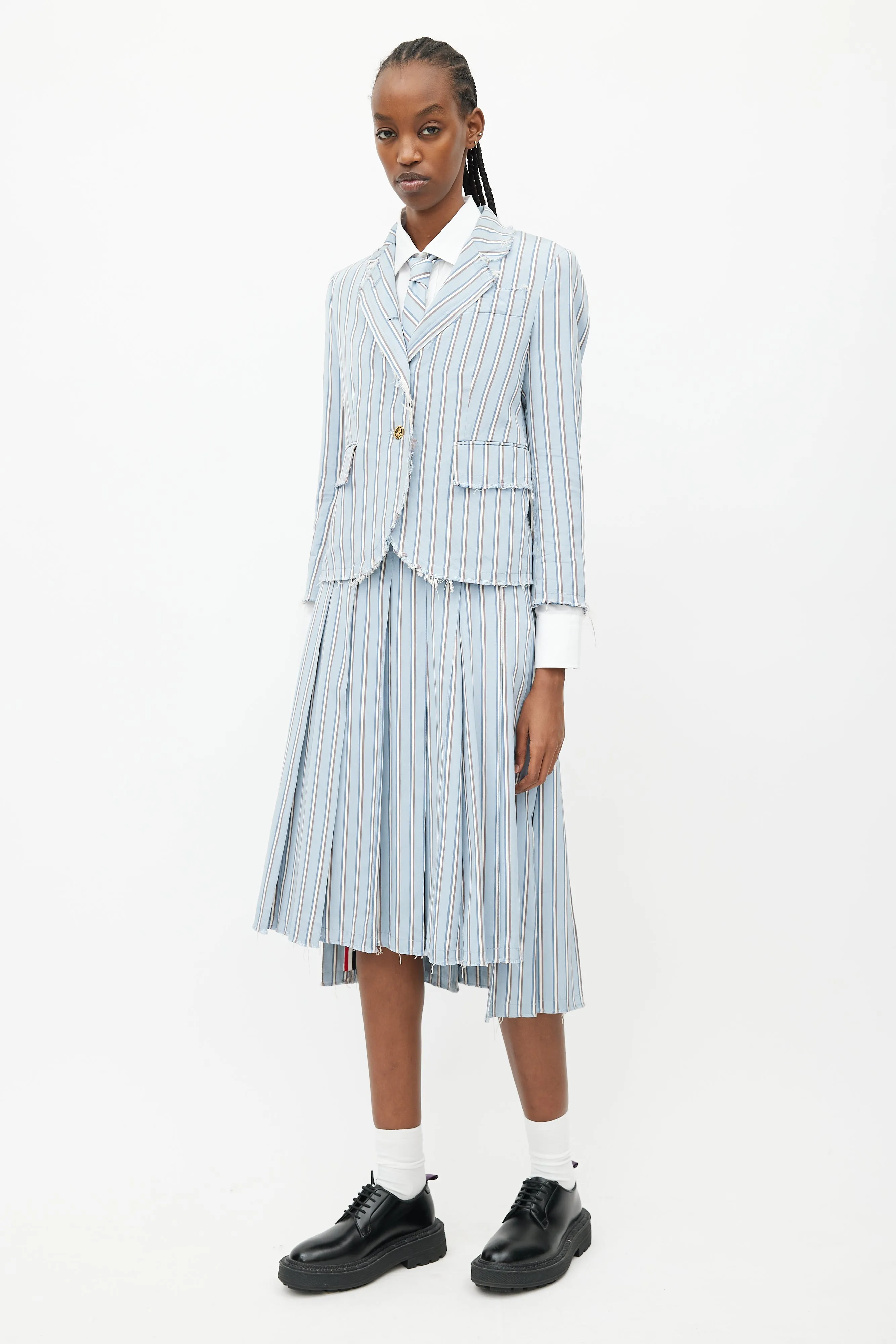 Blue & White Stripes Tie Skirt Suit