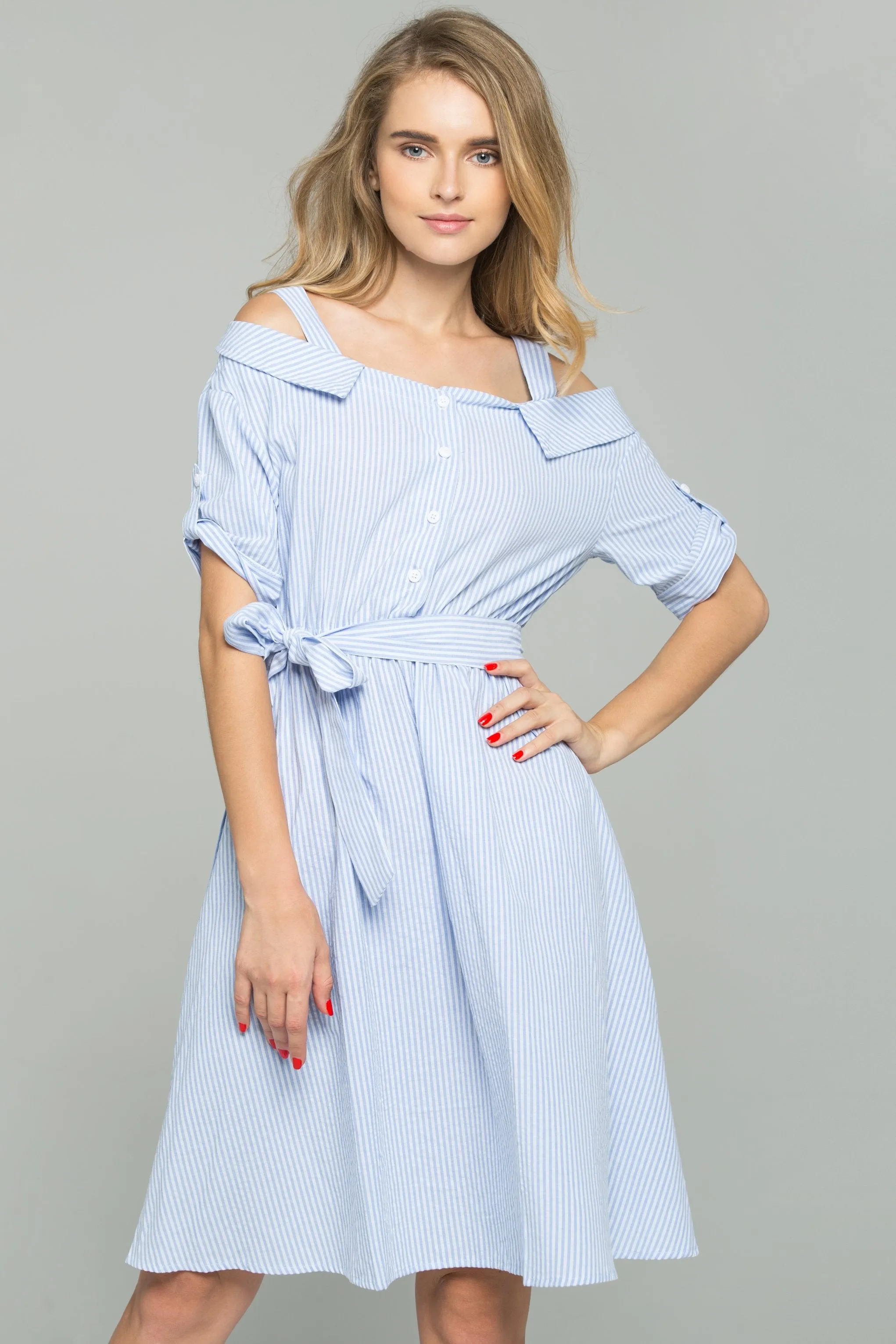 Blue and White Striped Ribbon Strap Cold-Shoulder Collared Shirt Dress