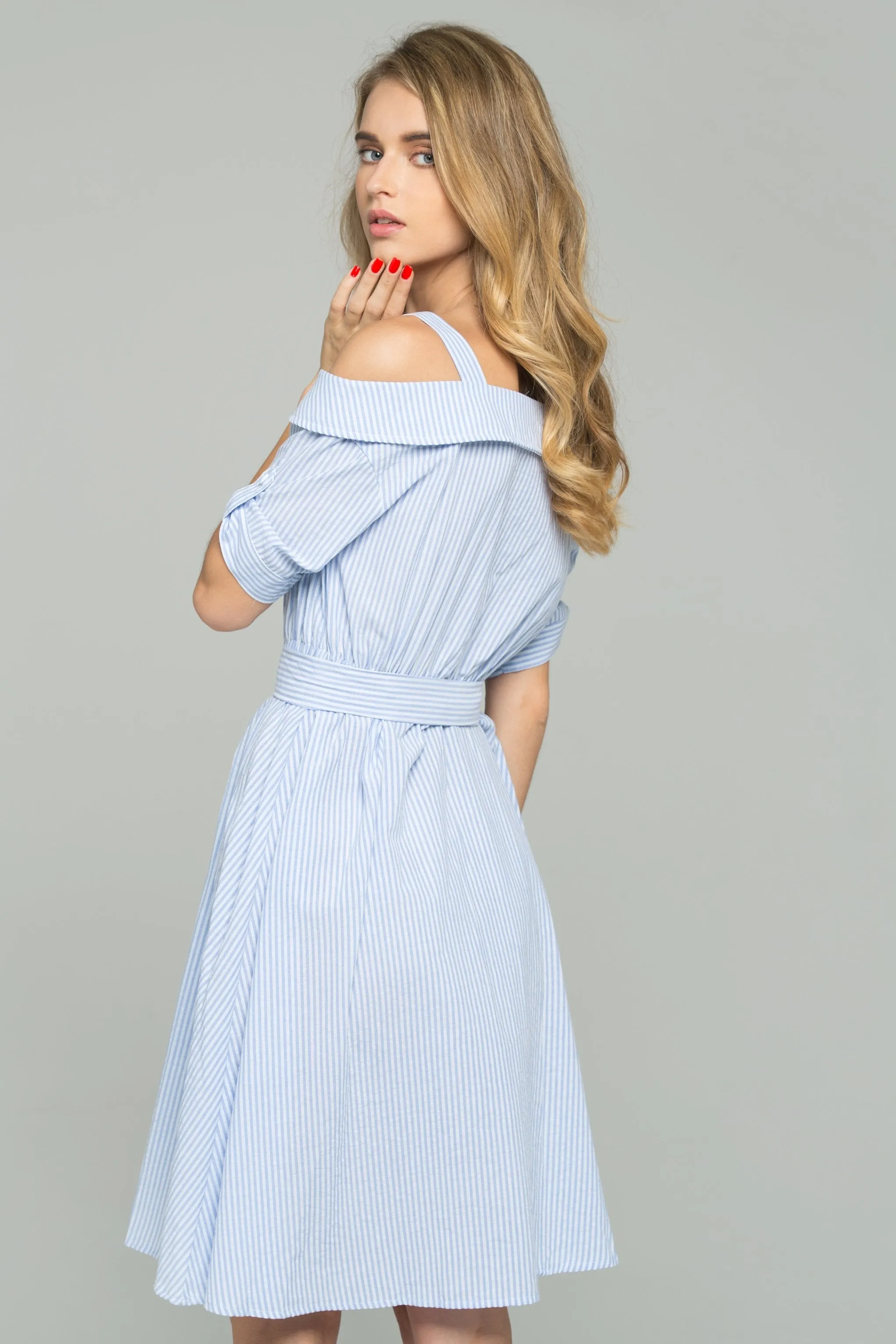 Blue and White Striped Ribbon Strap Cold-Shoulder Collared Shirt Dress