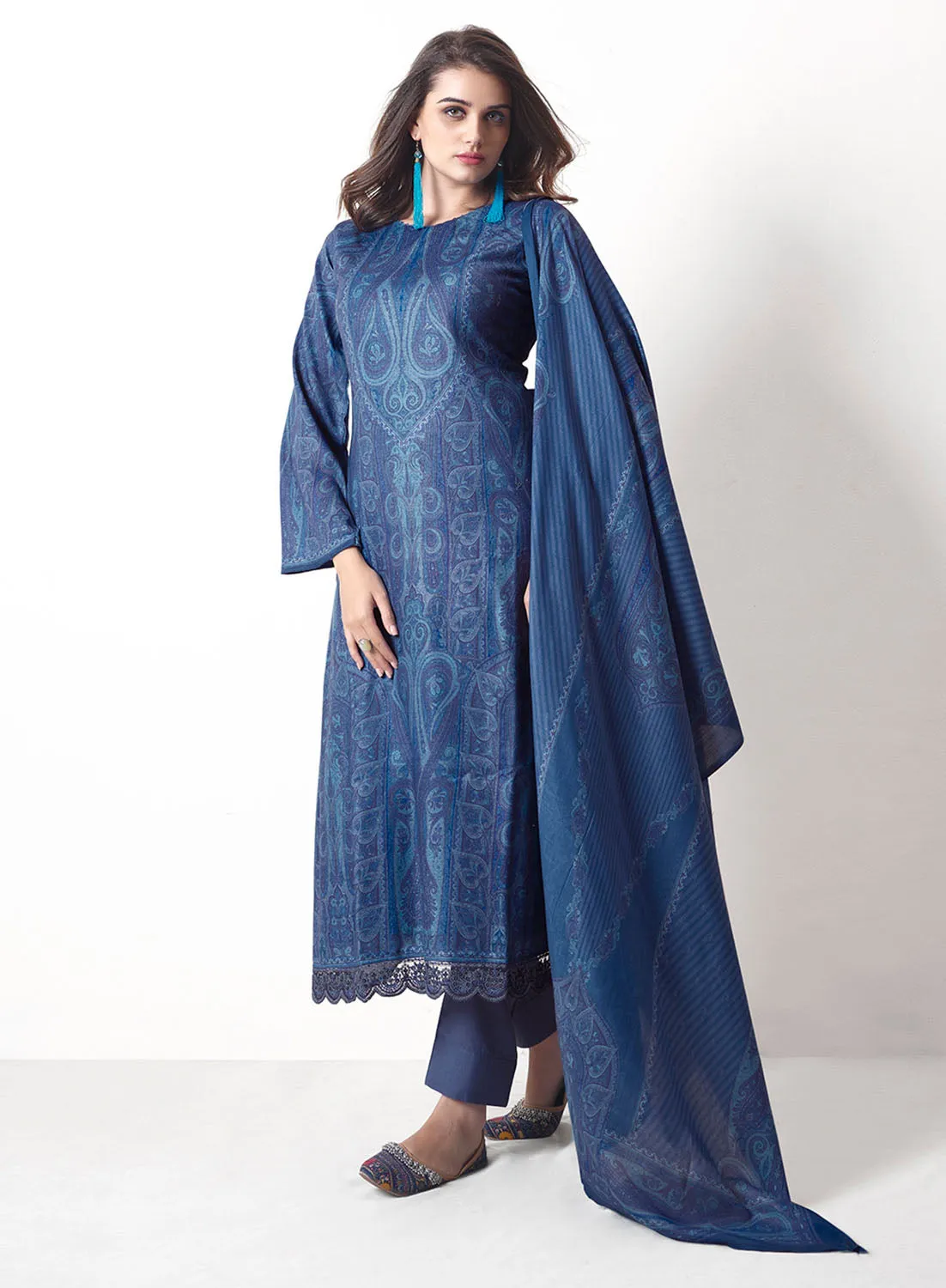 Blue Unstitched Pashmina Winter Salwar Suits Fabric for Ladies