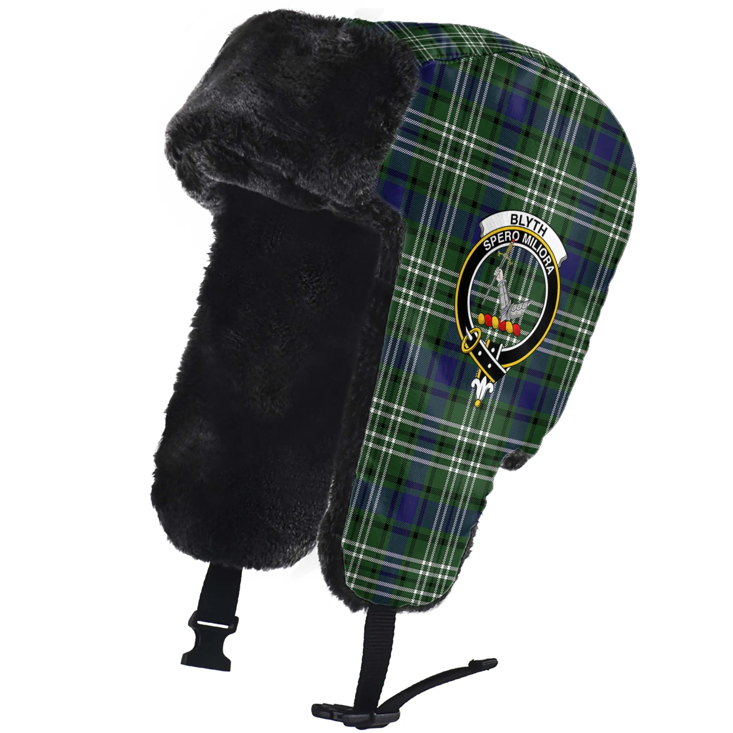 Blyth Tartan Winter Trapper Hat with Family Crest