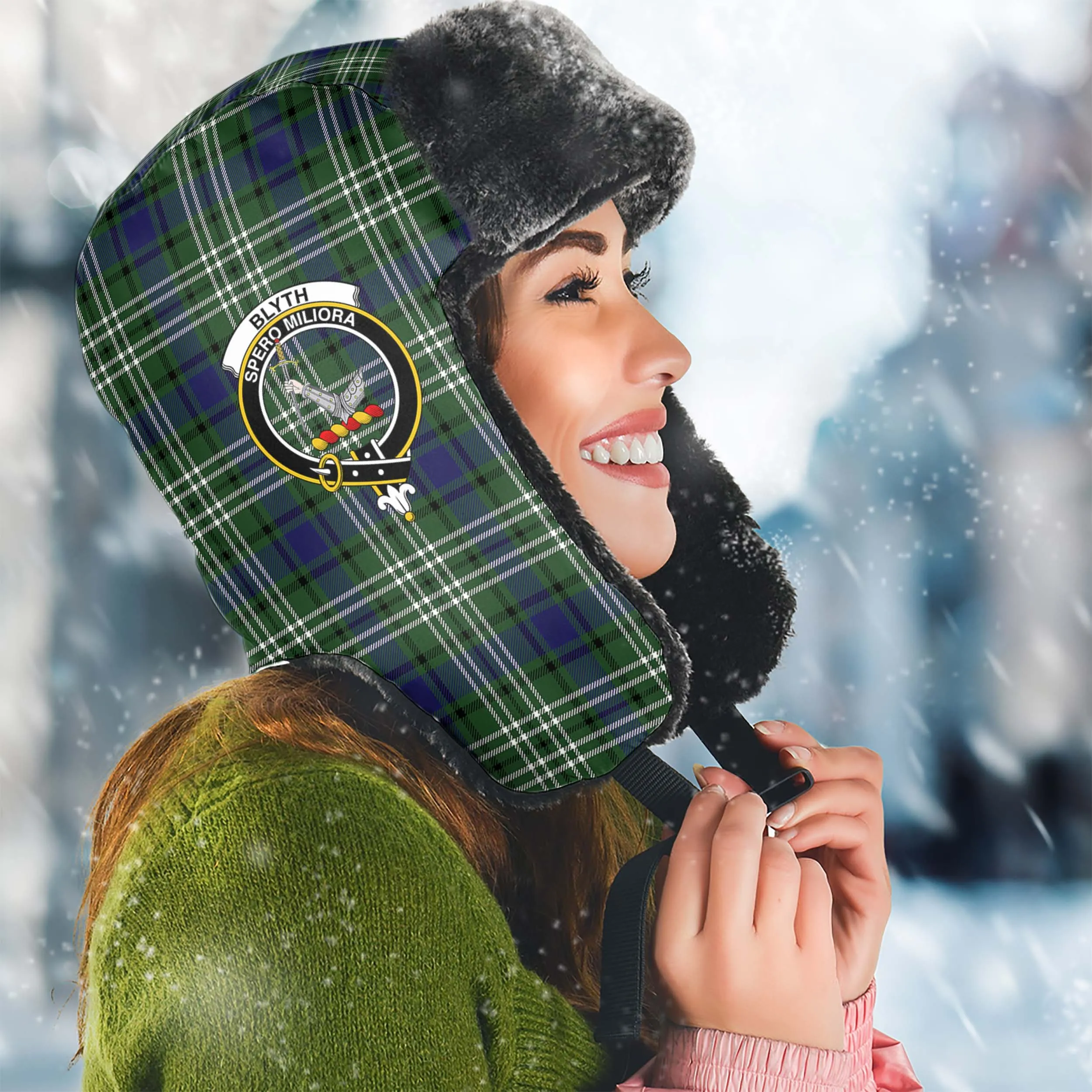 Blyth Tartan Winter Trapper Hat with Family Crest