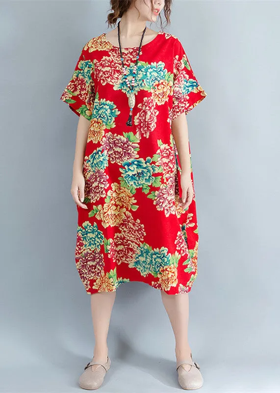 boutique red floral Midi-length linen dress plus size linen clothing dresses casual o neck short sleeve linen cotton dress