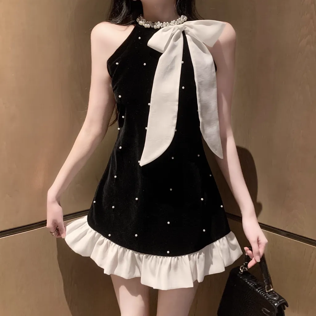 Bow Polka Dot Sleeveless Black Dress