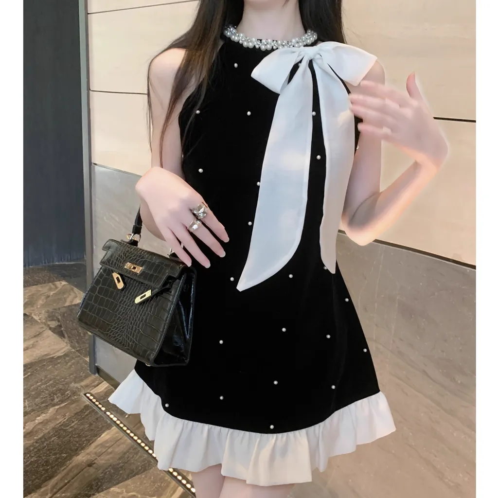 Bow Polka Dot Sleeveless Black Dress