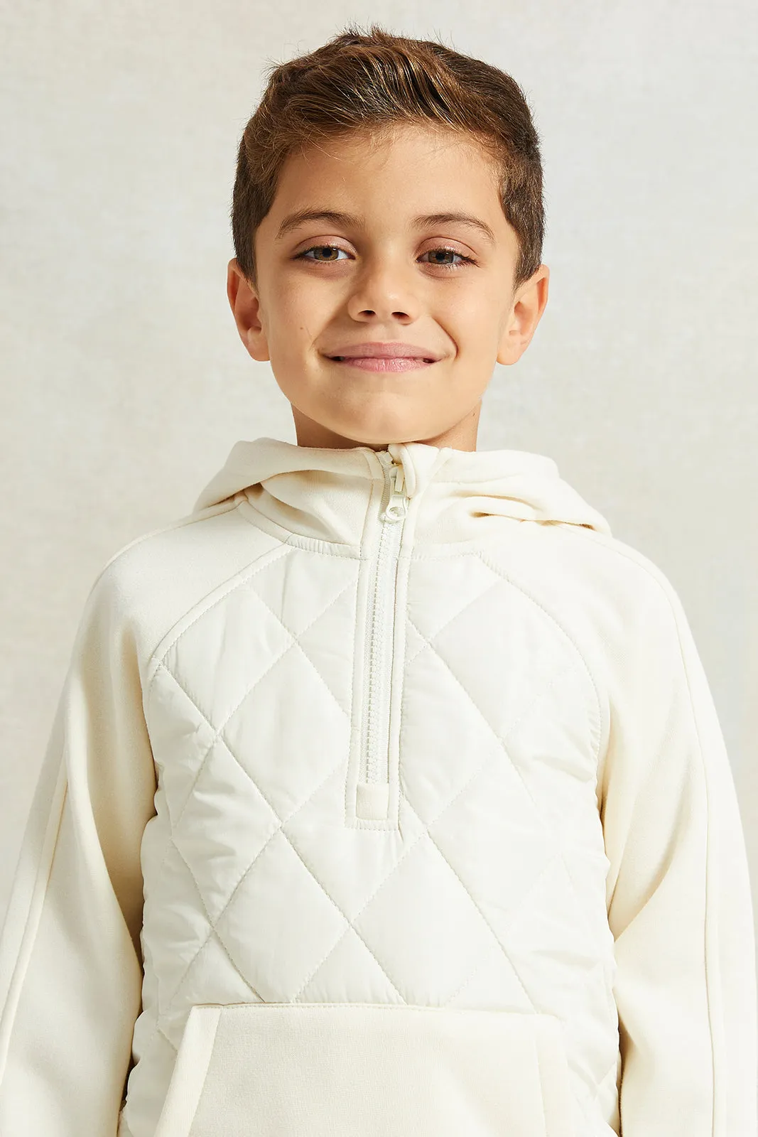 Boys Ecru Nylon Paneled Raglan Hooded Sweatshirt