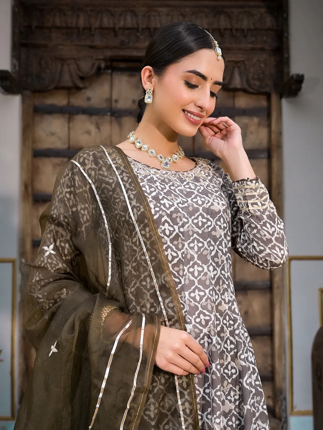 Brown Asymetric Print Muslin Anarkali kurta pant with Dupatta Set