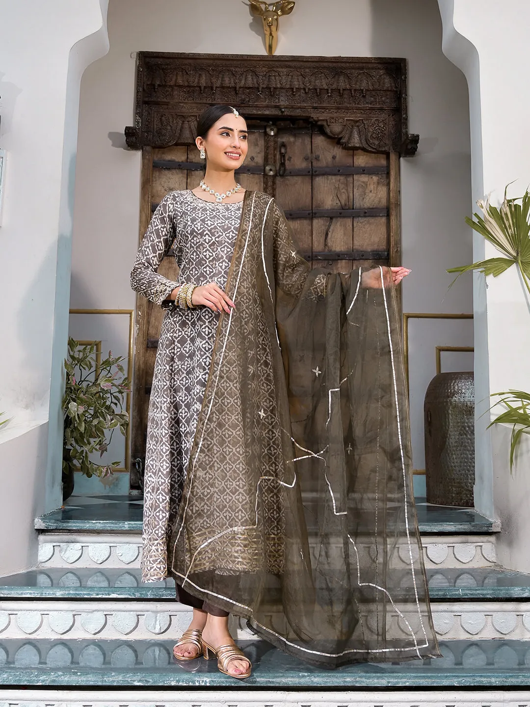 Brown Asymetric Print Muslin Anarkali kurta pant with Dupatta Set