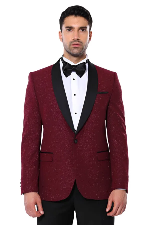 Burgundy Shawl Lapel Sparkly Men Tuxedo Jacket - Wessi