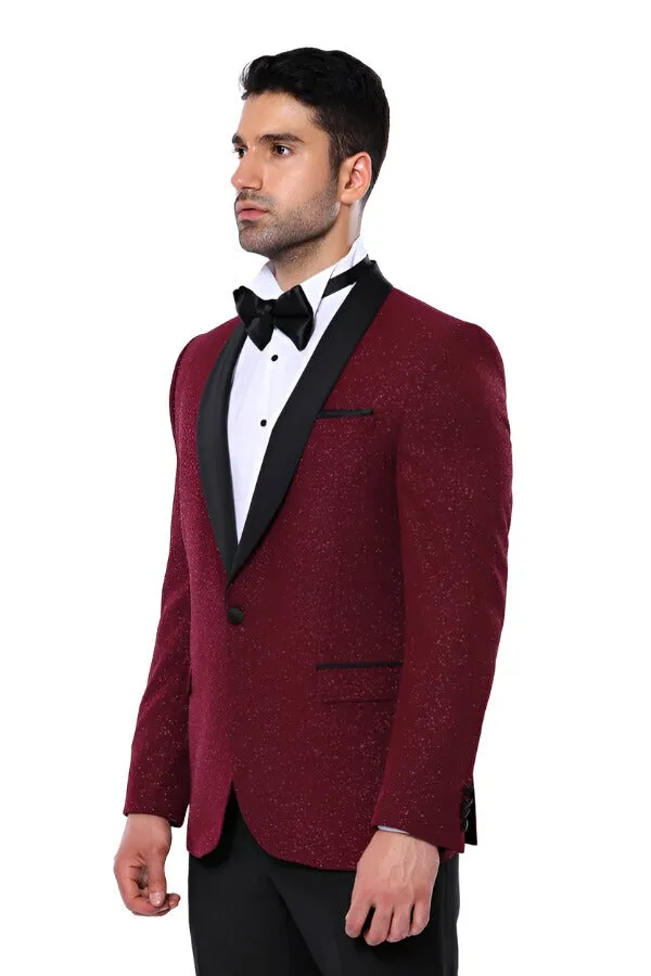 Burgundy Shawl Lapel Sparkly Men Tuxedo Jacket - Wessi