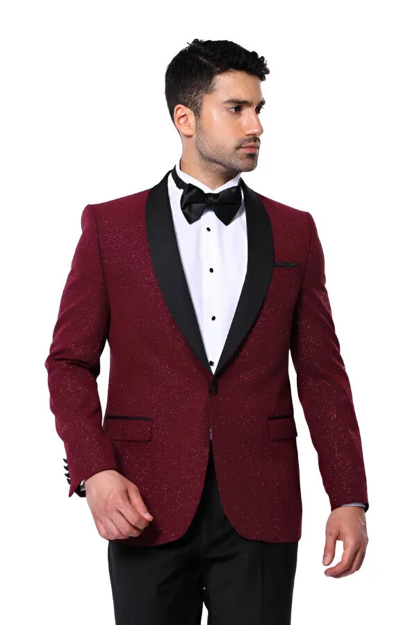 Burgundy Shawl Lapel Sparkly Men Tuxedo Jacket - Wessi