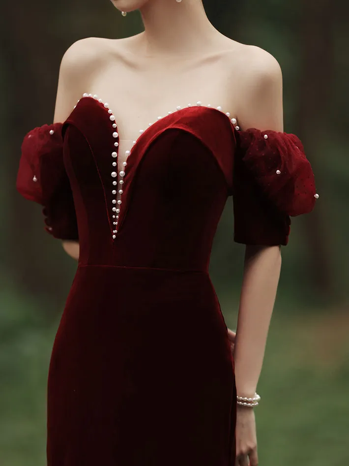 Burgundy Sweetheart Neck Mermaid Long Prom Dress, Velvet Bridesmaid Dress