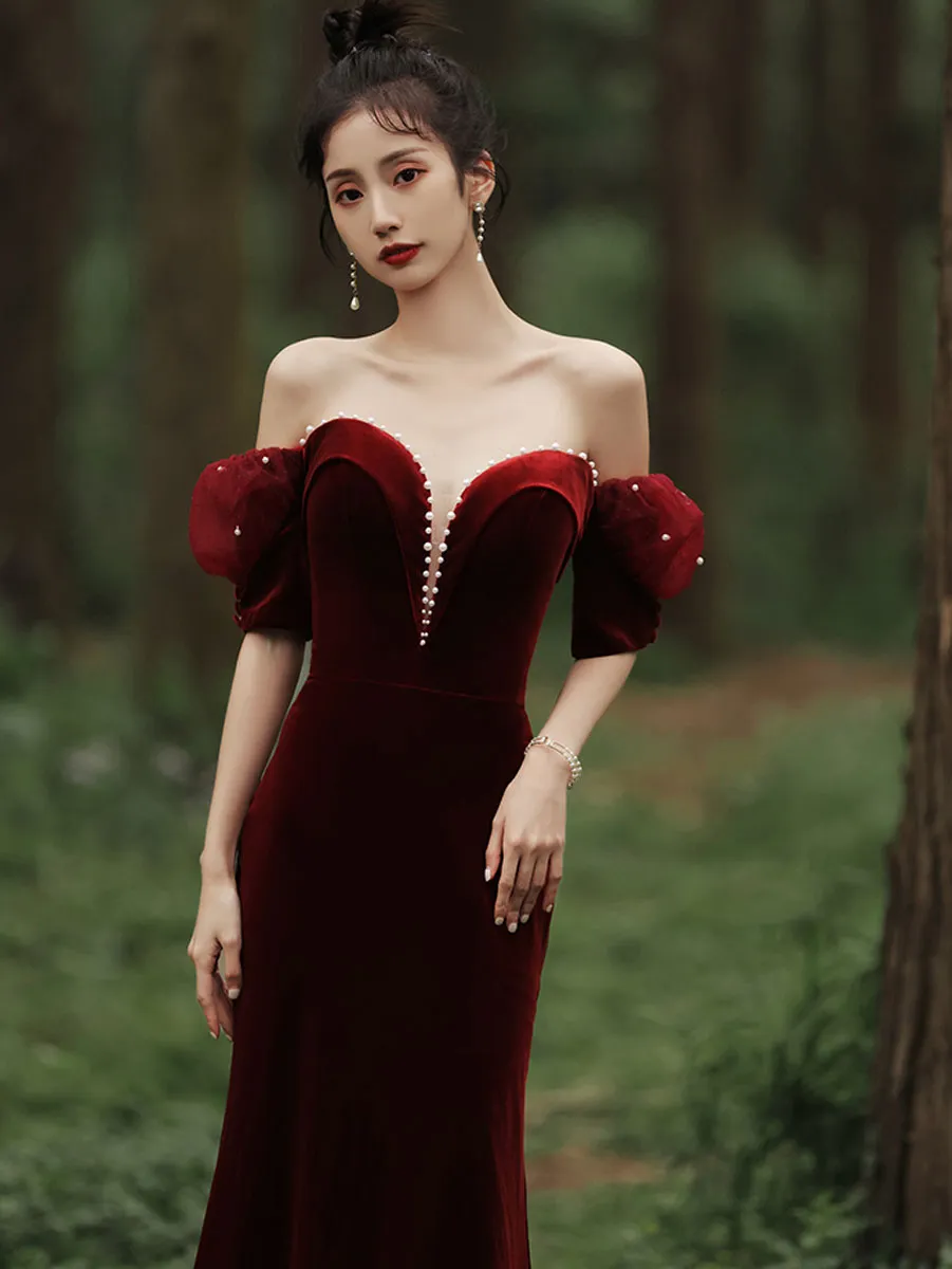 Burgundy Sweetheart Neck Mermaid Long Prom Dress, Velvet Bridesmaid Dress