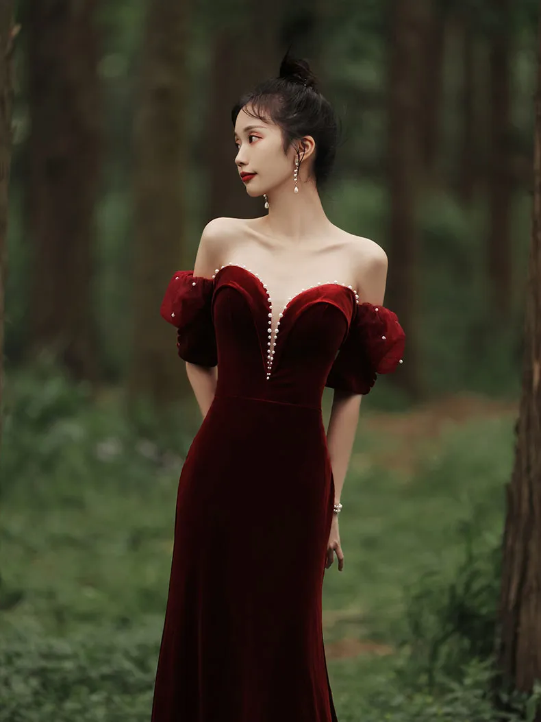 Burgundy Sweetheart Neck Mermaid Long Prom Dress, Velvet Bridesmaid Dress