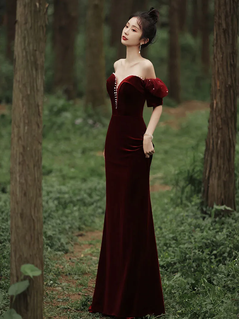 Burgundy Sweetheart Neck Mermaid Long Prom Dress, Velvet Bridesmaid Dress