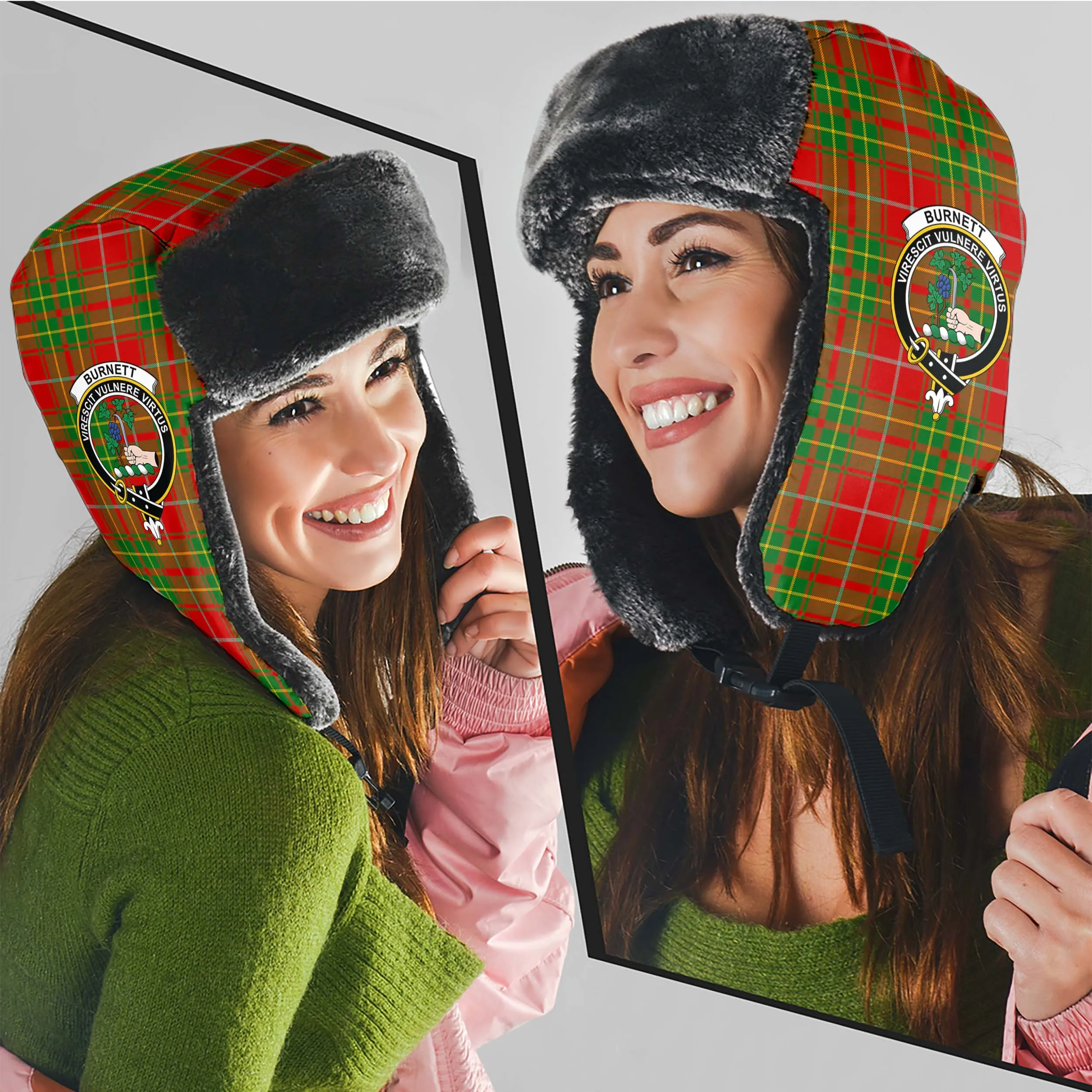 Burnett Tartan Winter Trapper Hat with Family Crest