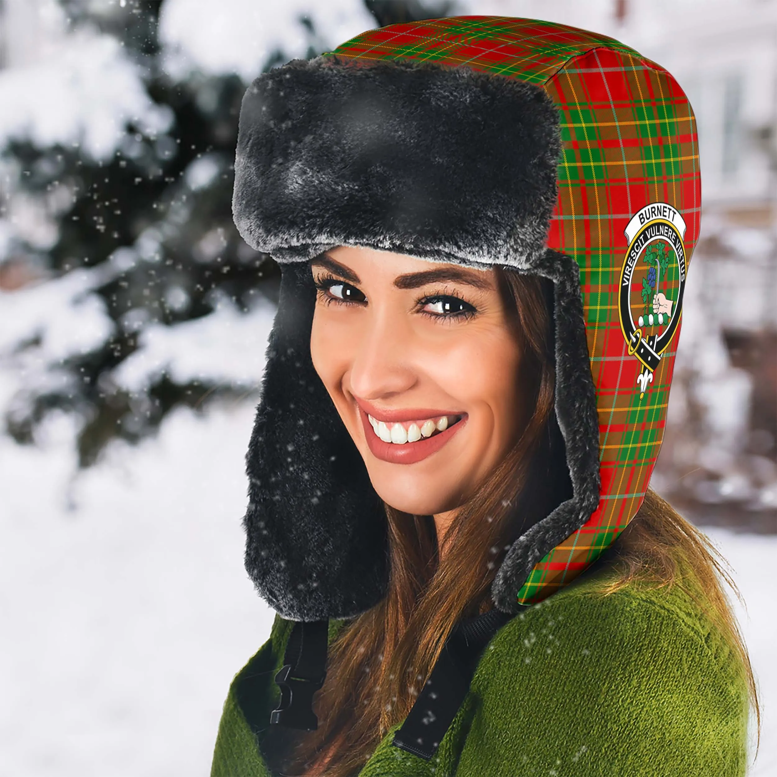 Burnett Tartan Winter Trapper Hat with Family Crest