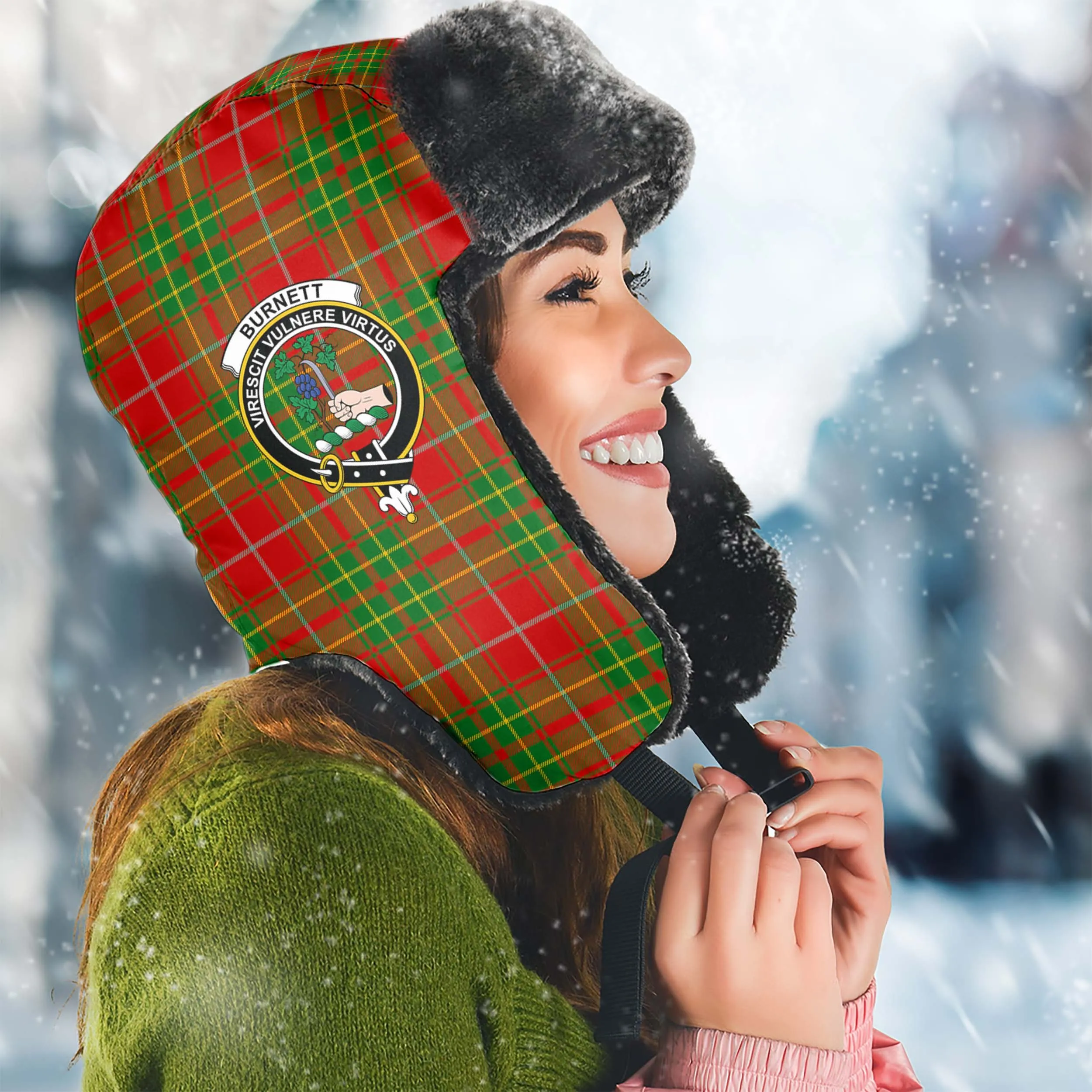 Burnett Tartan Winter Trapper Hat with Family Crest