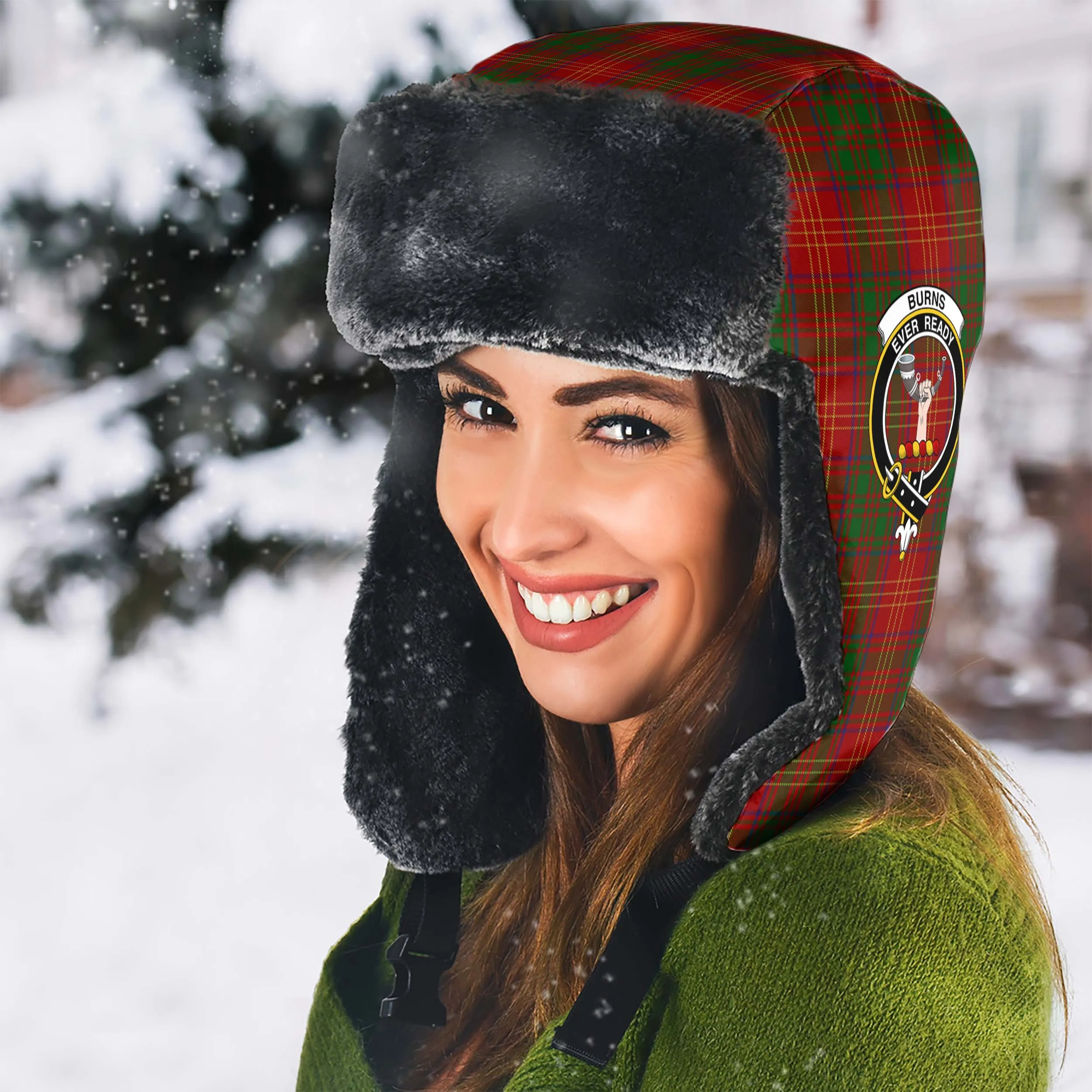 Burns Tartan Winter Trapper Hat with Family Crest