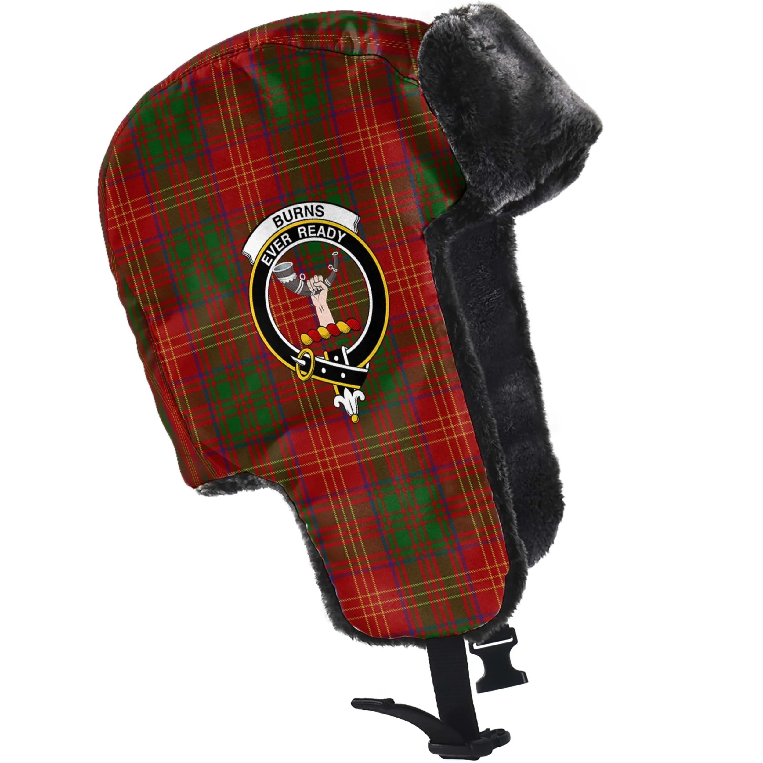 Burns Tartan Winter Trapper Hat with Family Crest