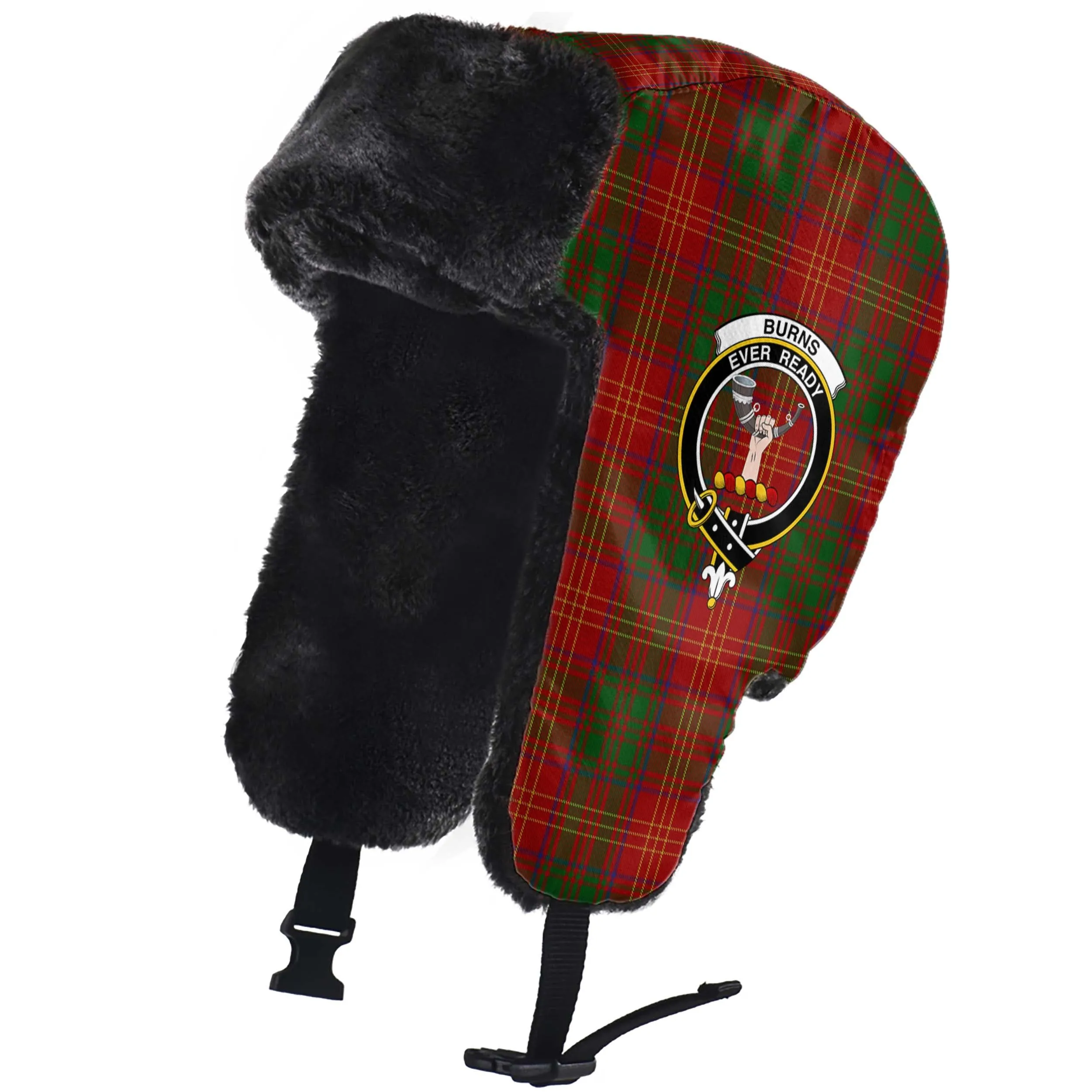 Burns Tartan Winter Trapper Hat with Family Crest