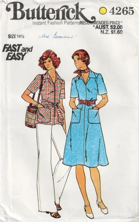 Butterick 4265 Womens Half Size Zip Front Dress Top & Pants 1970s Vintage Sewing Pattern Bust 37 inches UNCUT Factory Folded