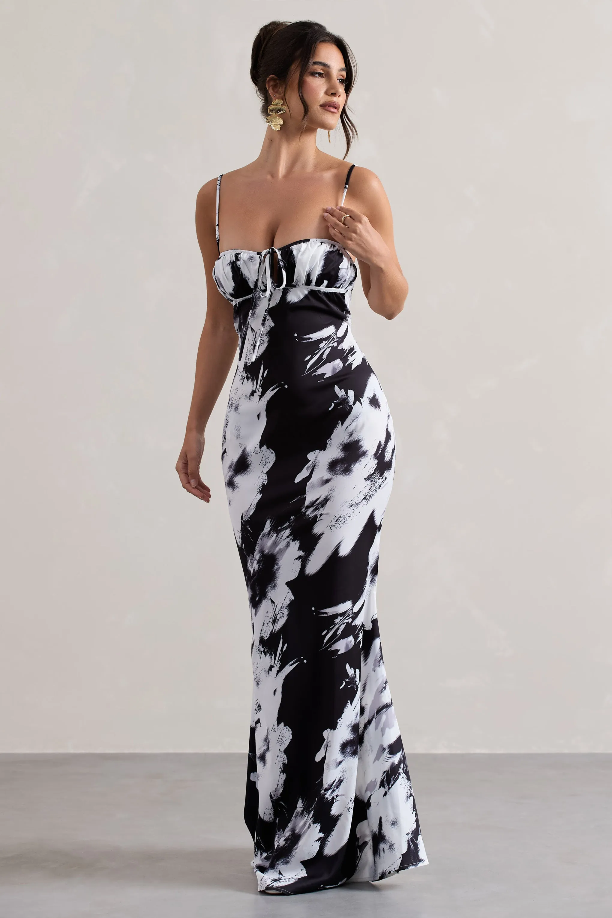 Casablanca | Monochrome Floral Print Satin Sweetheart Maxi Dress