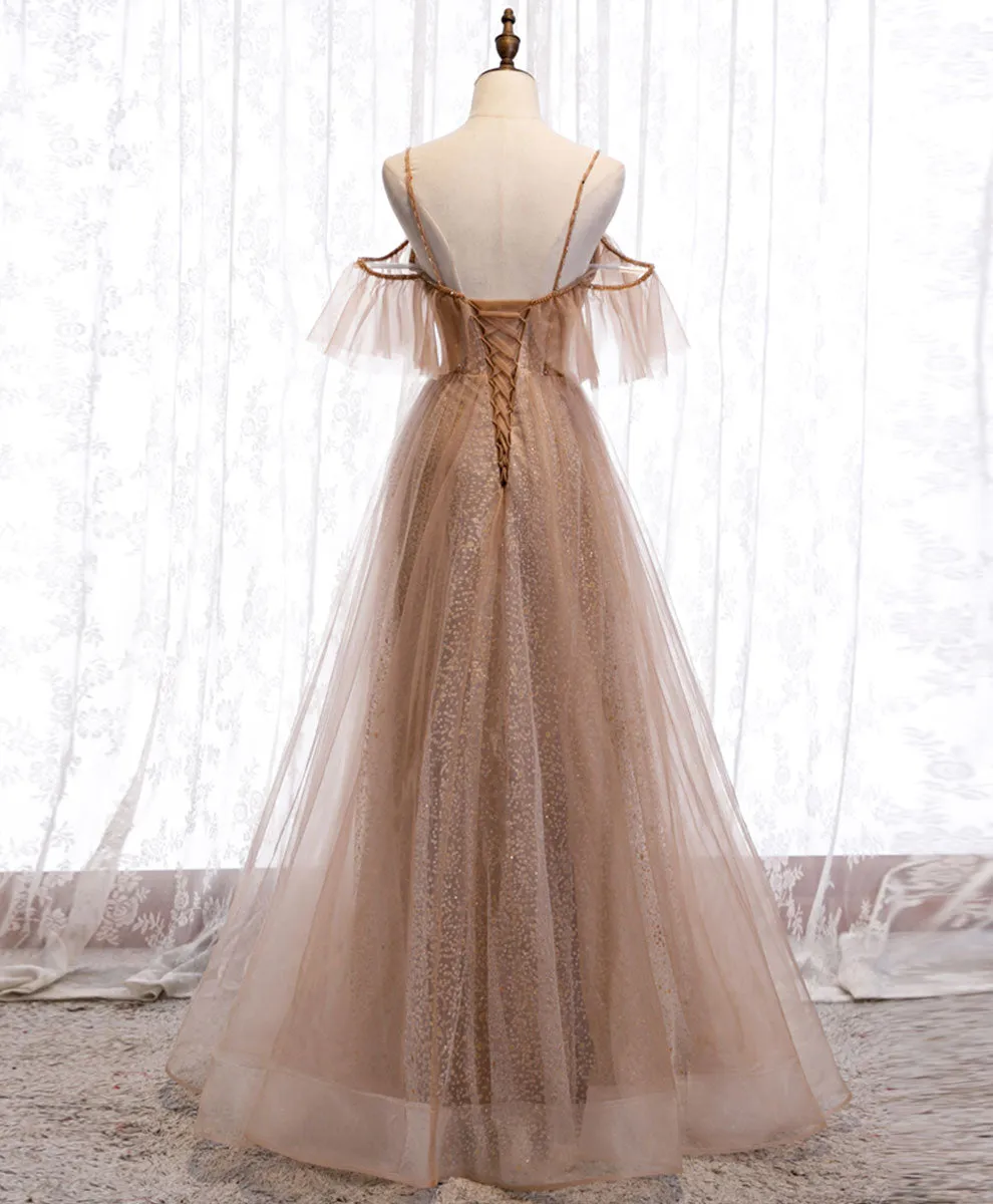 Champagne Tulle Sequin Long Prom Dress Champagne Evening Dress