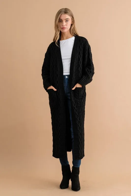 Charlene Long Duster Cable Cardigan Sweater - Black