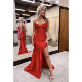 Chic & Charming Spaghetti Straps Open Back Sheath Side Slit Party Prom Dress